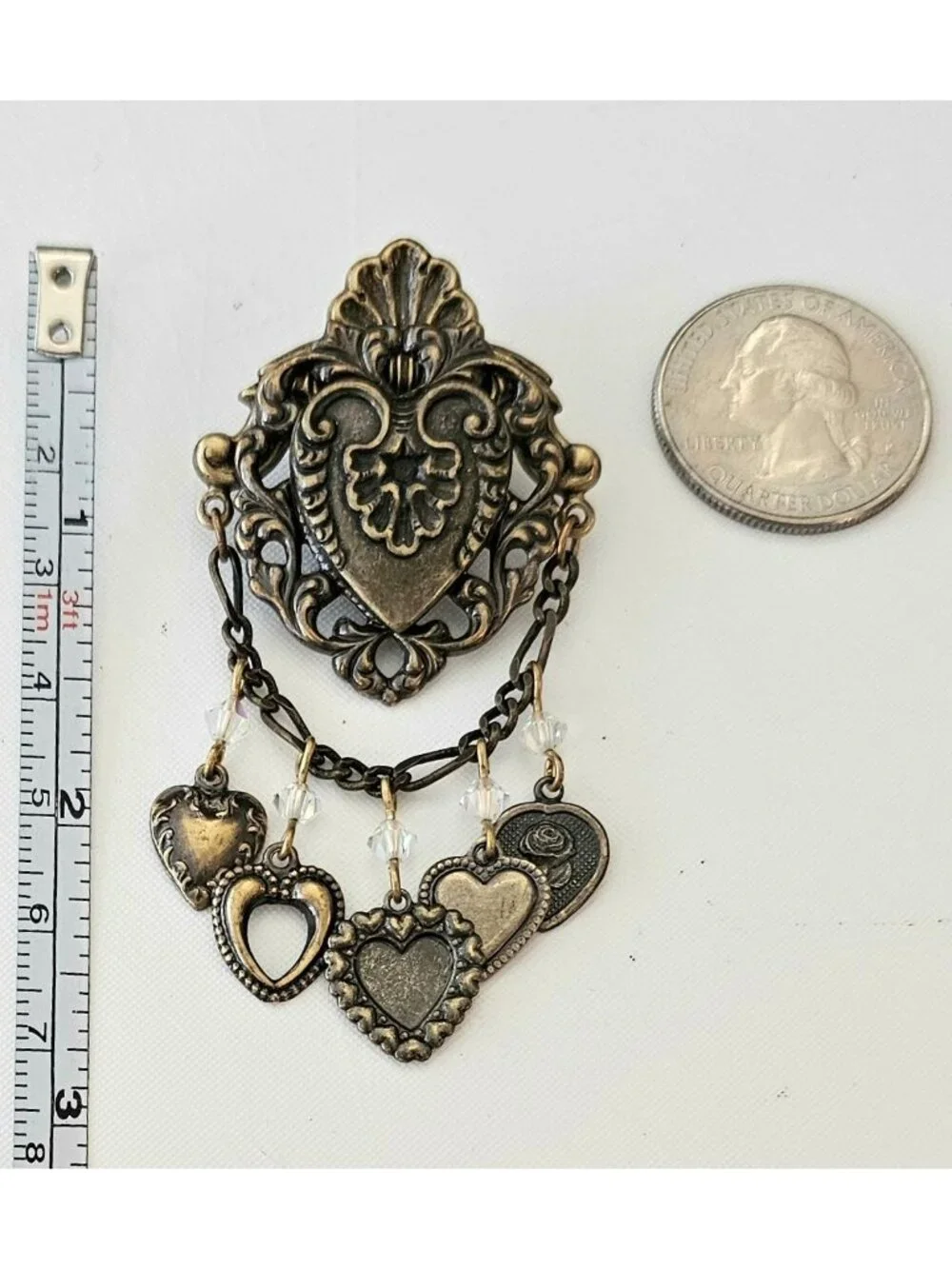 Heart Shield Pin Brass Chatelaine Style AB Rhinestone Dangle Lapel Tack, J24